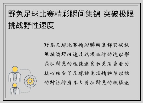野兔足球比赛精彩瞬间集锦 突破极限挑战野性速度