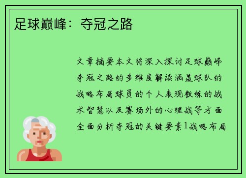 足球巅峰：夺冠之路