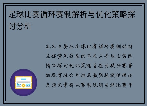 足球比赛循环赛制解析与优化策略探讨分析