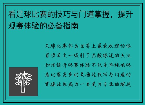 看足球比赛的技巧与门道掌握，提升观赛体验的必备指南