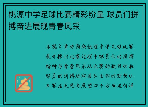 桃源中学足球比赛精彩纷呈 球员们拼搏奋进展现青春风采