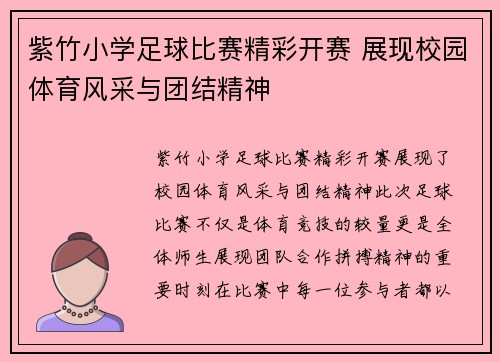 紫竹小学足球比赛精彩开赛 展现校园体育风采与团结精神