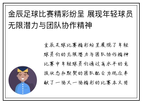 金辰足球比赛精彩纷呈 展现年轻球员无限潜力与团队协作精神