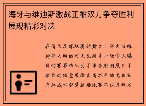 海牙与维迪斯激战正酣双方争夺胜利展现精彩对决