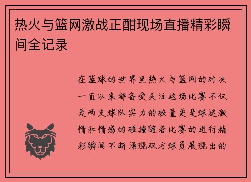 热火与篮网激战正酣现场直播精彩瞬间全记录