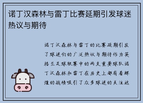 诺丁汉森林与雷丁比赛延期引发球迷热议与期待
