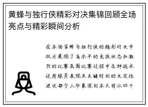 黄蜂与独行侠精彩对决集锦回顾全场亮点与精彩瞬间分析