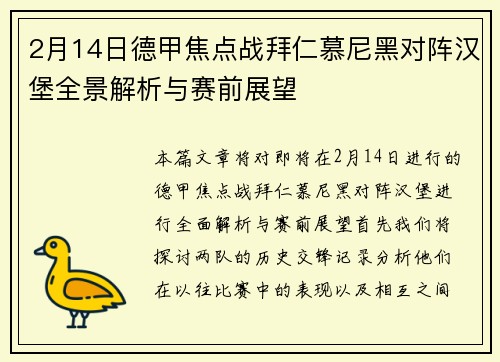 2月14日德甲焦点战拜仁慕尼黑对阵汉堡全景解析与赛前展望