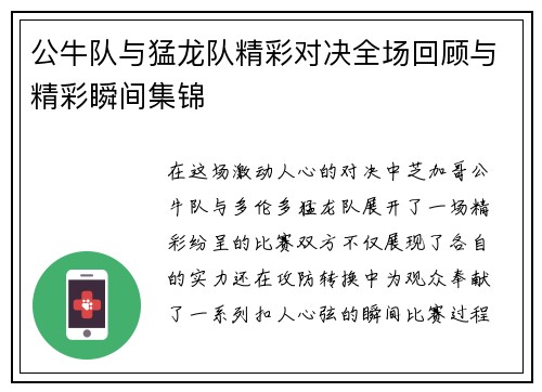 公牛队与猛龙队精彩对决全场回顾与精彩瞬间集锦