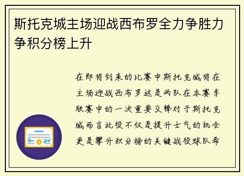 斯托克城主场迎战西布罗全力争胜力争积分榜上升