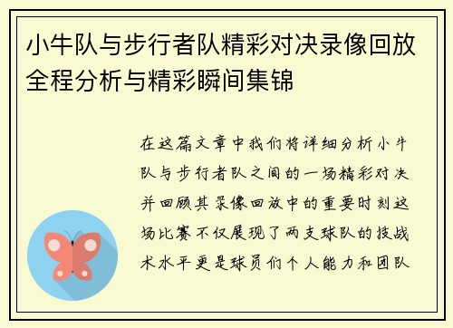 小牛队与步行者队精彩对决录像回放全程分析与精彩瞬间集锦