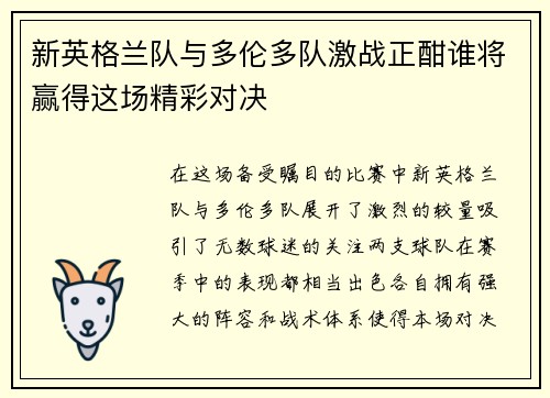 新英格兰队与多伦多队激战正酣谁将赢得这场精彩对决
