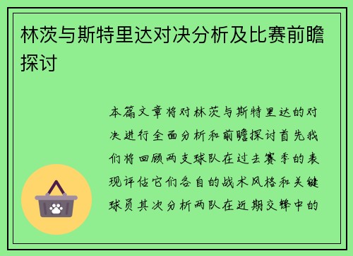 林茨与斯特里达对决分析及比赛前瞻探讨