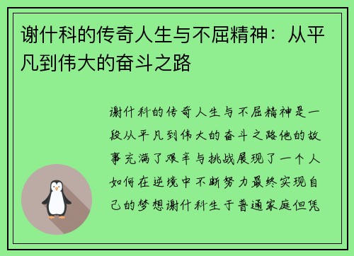谢什科的传奇人生与不屈精神：从平凡到伟大的奋斗之路