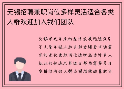 无锡招聘兼职岗位多样灵活适合各类人群欢迎加入我们团队
