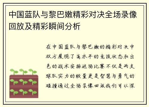 中国蓝队与黎巴嫩精彩对决全场录像回放及精彩瞬间分析