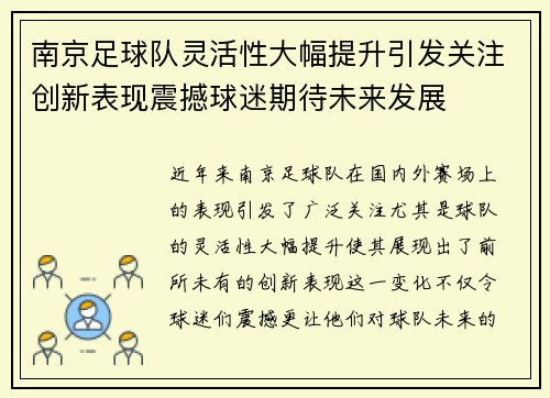 南京足球队灵活性大幅提升引发关注创新表现震撼球迷期待未来发展