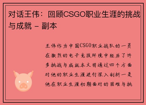对话王伟：回顾CSGO职业生涯的挑战与成就 - 副本