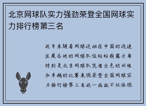 北京网球队实力强劲荣登全国网球实力排行榜第三名